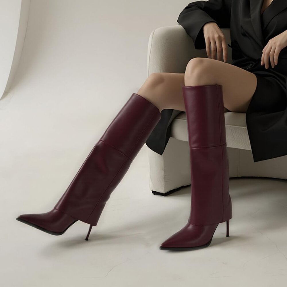 Women’s Fashion Fall Winter Burgundy Fold Over Pointed Toe Knee High Heel Boots - Picture 7 of 9